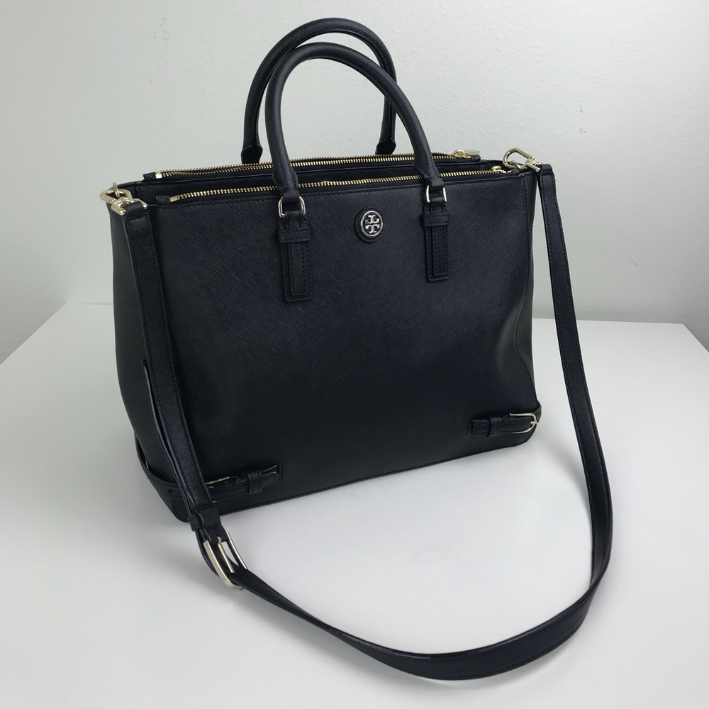 Black Tory Burch Double Zip Robinson Tote 14x9x4